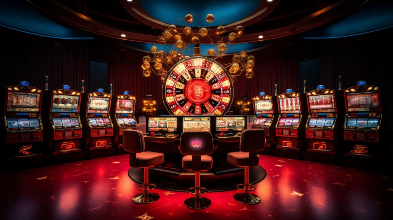 Ilustrasi permainan slot online berwarna merah dengan tema dinamis